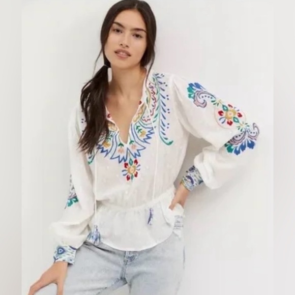 Anthropologie forever‎ that girl Embroidered Peplum Blouse size large - Picture 3 of 8